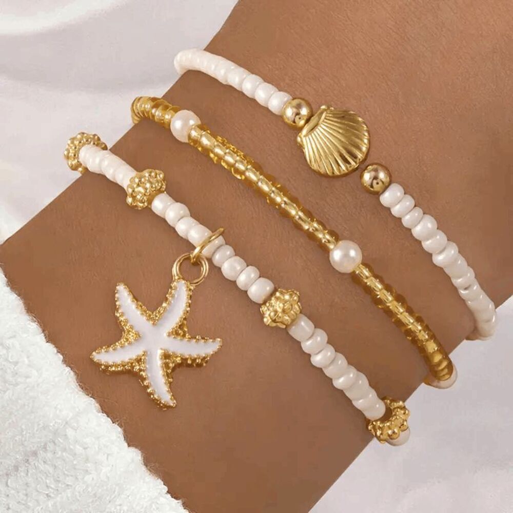 Bohemian Beach White Gold Beaded Starfish Shell Bracelet Set